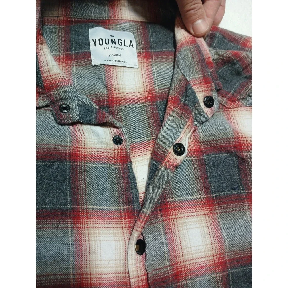 Young LA Men's XL Flannel Shirt Red Grey Plaid Distressed Raw Hem Snap Button